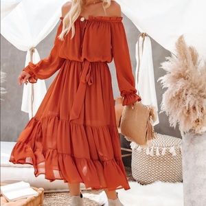 VICI Peacekeeper off-the-shoulder midi dress in burnt orange